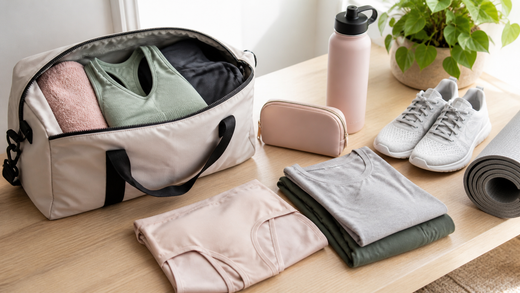 Active day gym bag packing with folded clothing and leakproof underwear