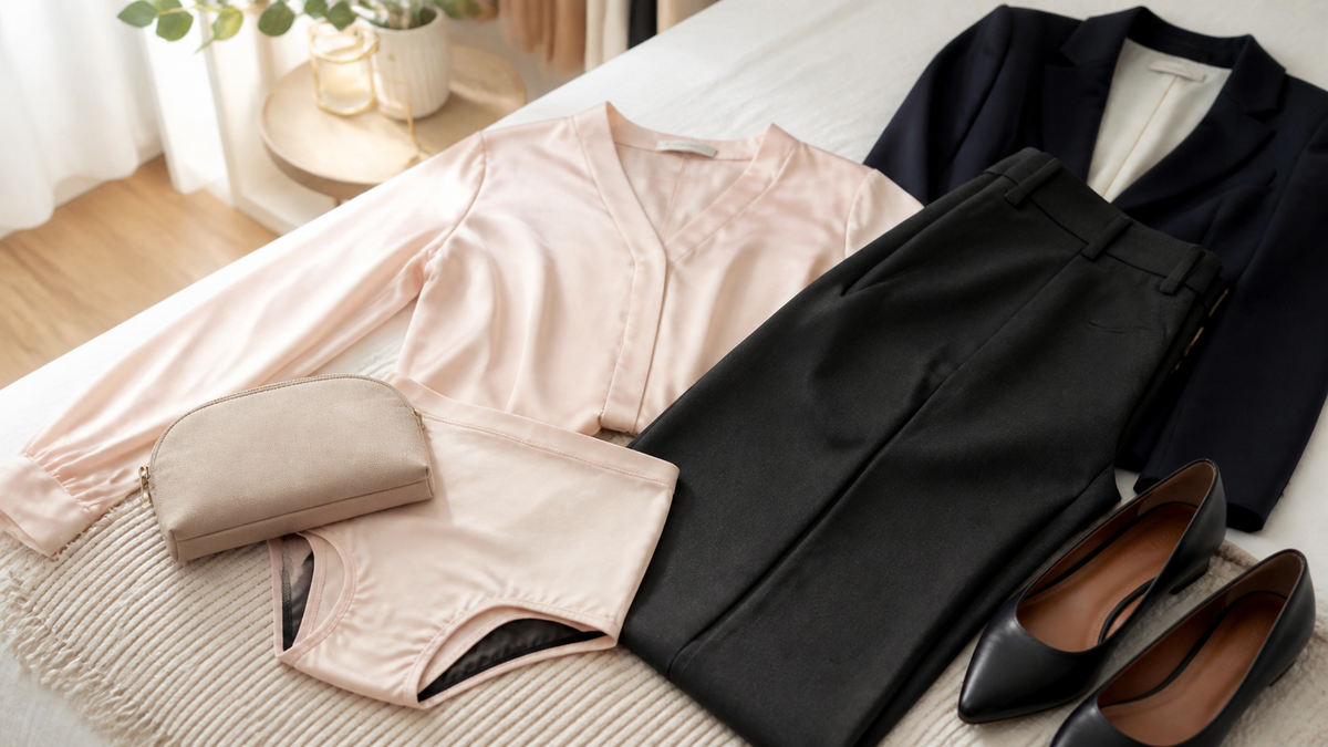 Work outfit flat lay with tailored clothing and folded leakproof underwear