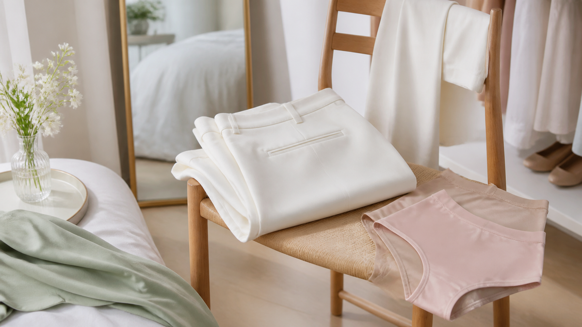 White pants with nude and blush underwear options for light outfit planning