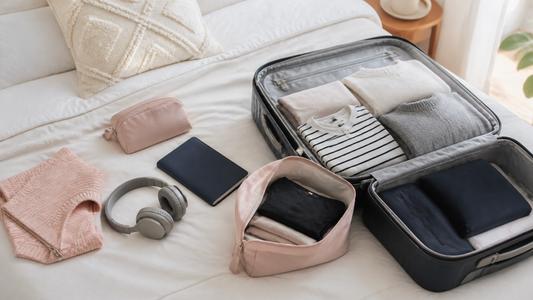 Carry-on packing layout with folded clothing and discreet travel pouch