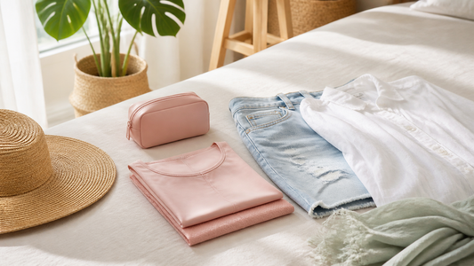 Summer outfit planning with folded leakproof underwear and discreet pouch