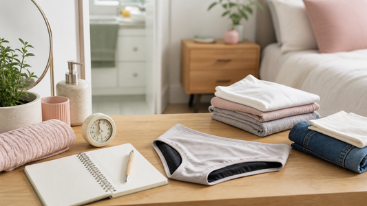 At-home preparation scene for testing leakproof underwear before a long day