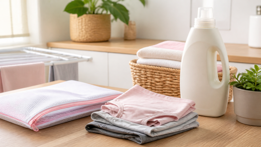 Laundry care setup with mesh bag and folded leakproof underwear