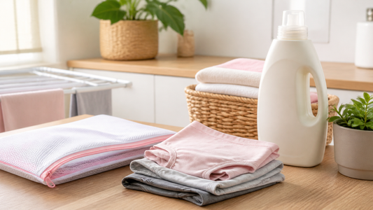 Laundry care setup with mesh bag and folded leakproof underwear