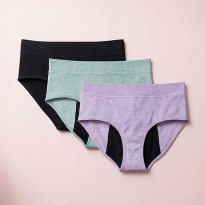 Pure Balance Leakproof Underwear 3-Pack in black teal and purple