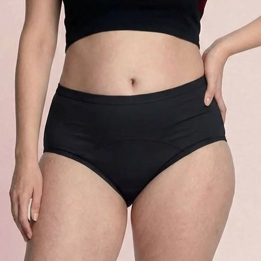 Black Extra Comfort Leakproof Underwear worn for everyday bladder leak protection