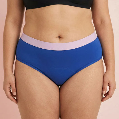 Woman modeling blue Color Flex Leakproof Underwear for bladder leak protection