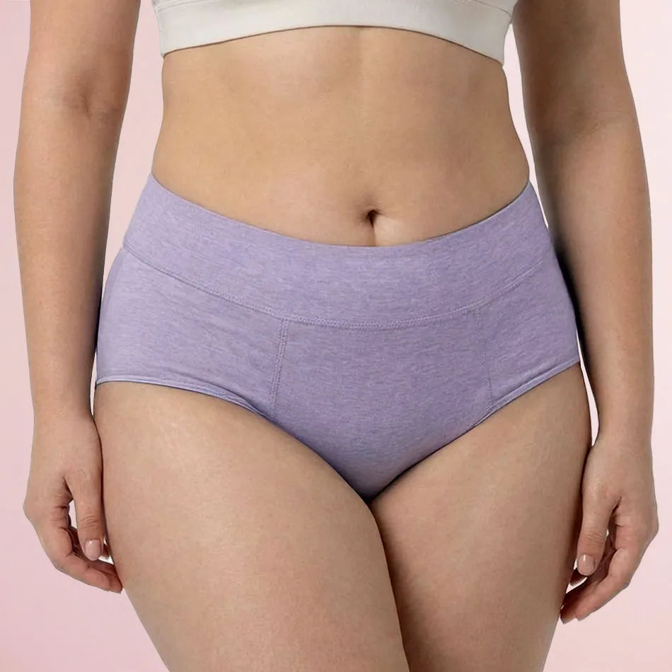Woman wearing purple Pure Balance Leakproof Underwear front view