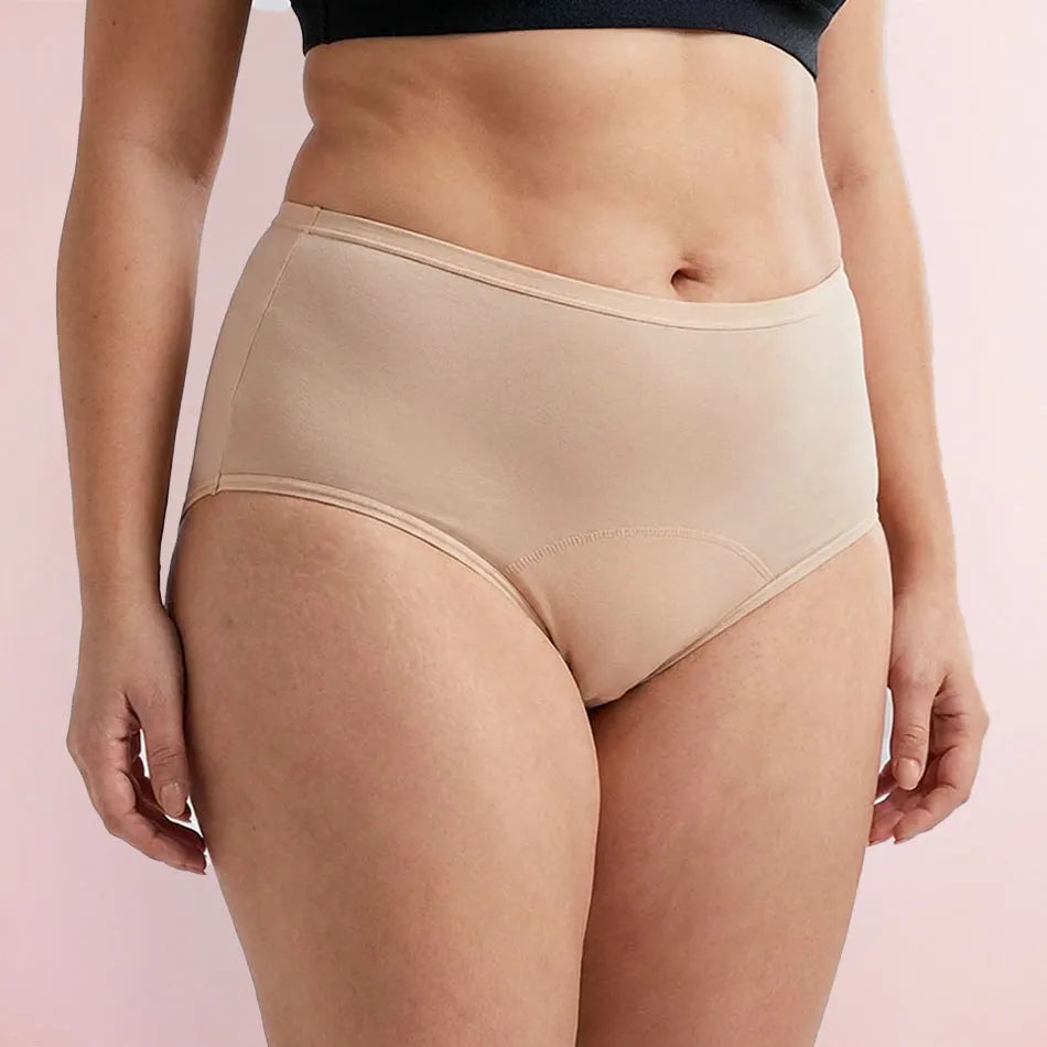 Woman wearing beige High Rise Leakproof Underwear side view